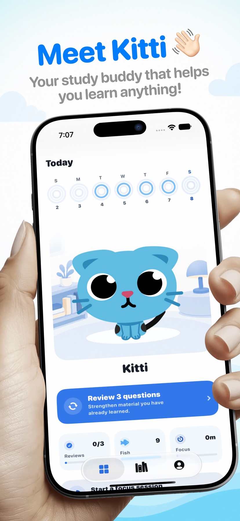 Kitti home dashboard showing daily reviews, progress, and focus time