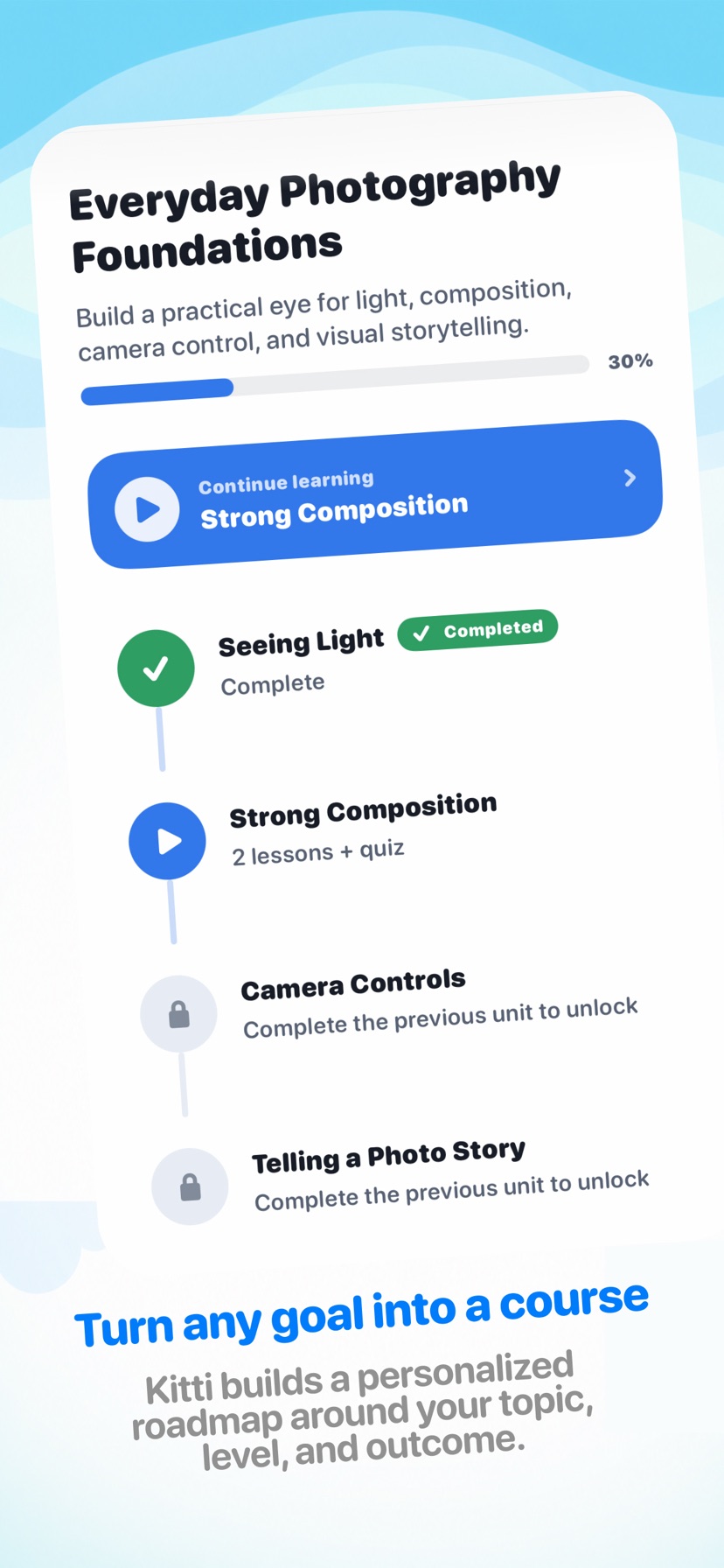 Personalized photography course roadmap with completed and upcoming units