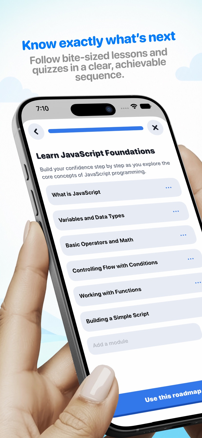 JavaScript learning roadmap broken into bite-sized lessons