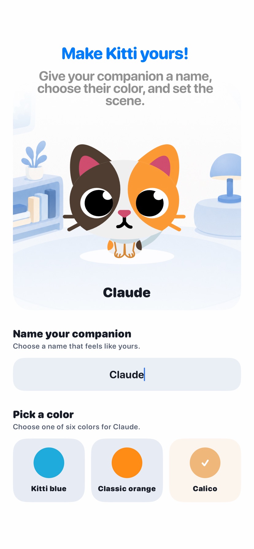 Companion customization screen with naming and color choices