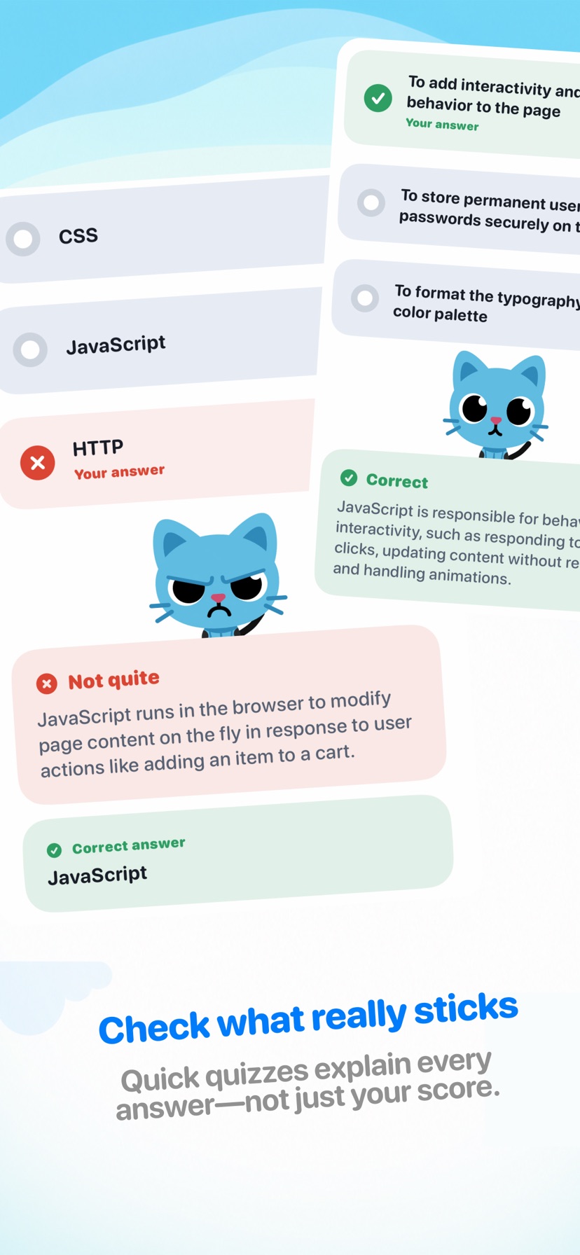 Quiz feedback explaining correct and incorrect answers with Kitti reactions