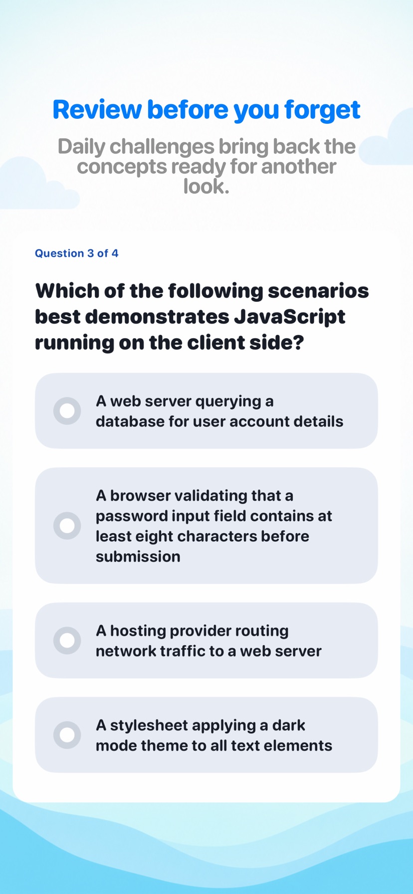 Daily review challenge with a multiple-choice JavaScript question