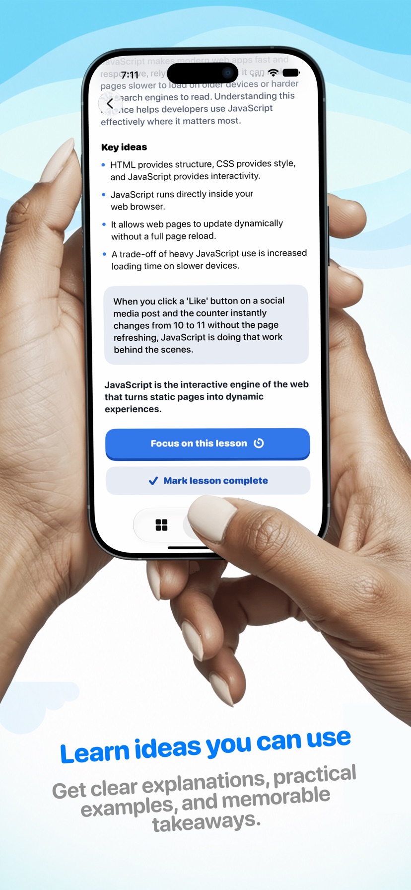 Hands holding an iPhone displaying a practical JavaScript lesson